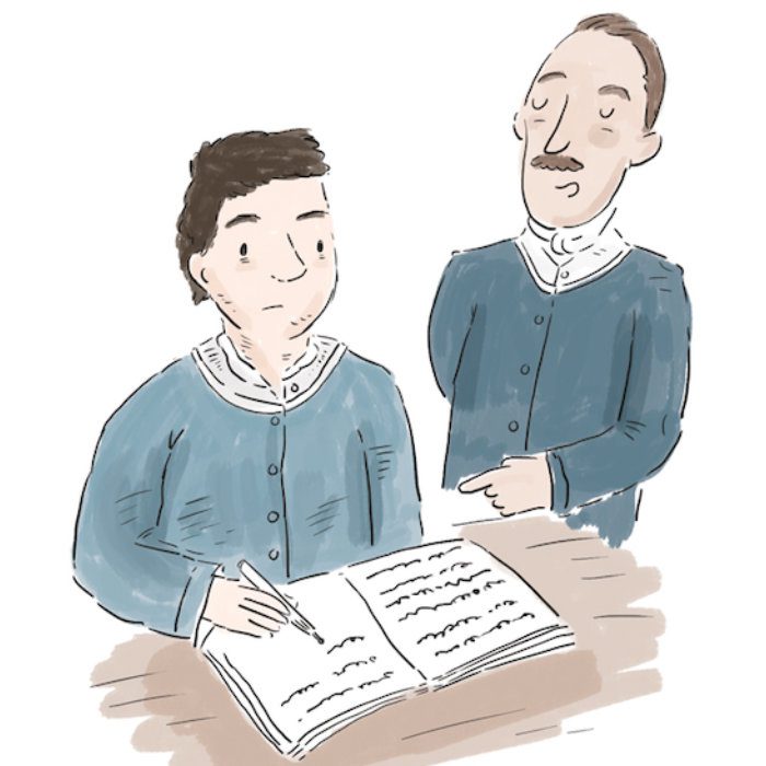 Illustration: Man writing with an onlooker